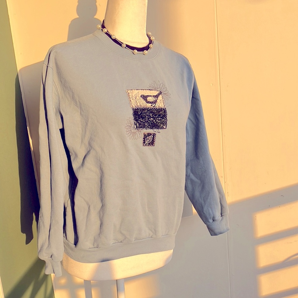 Vintage 90s Top Stitch Blue Sunflower Bird Sweatshirt